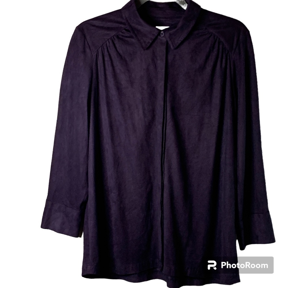 Chicos Shirt Size 1 Small Purple Ultra Suede Button Front Collared Long Sleeve
